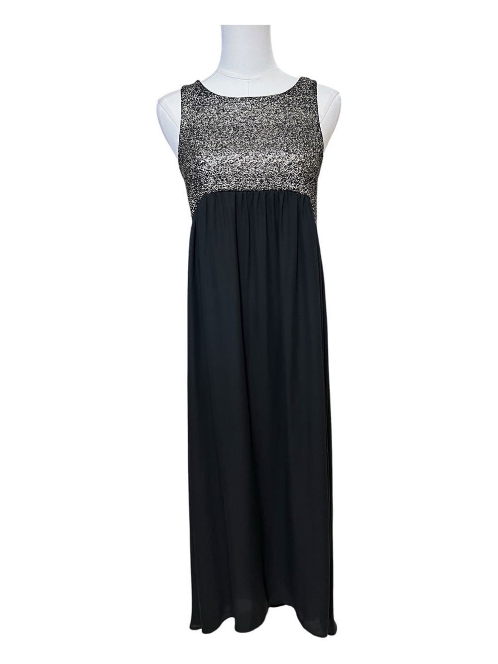 EUC Everly Black Gold Metallic High-Low Evening Dress | Size Small